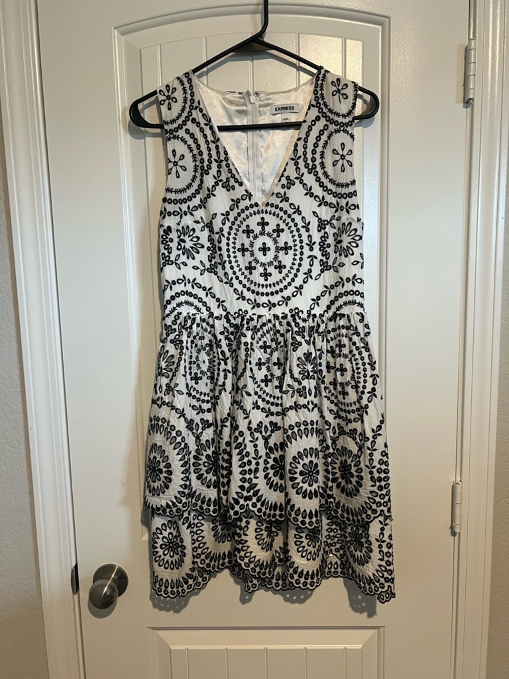 Express White Dress with Black Embroidered Medallion Pattern